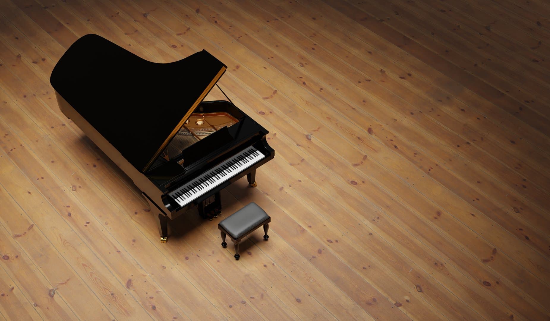 Piano on wooden stage, musical instrument, abstract background, 3D illustration